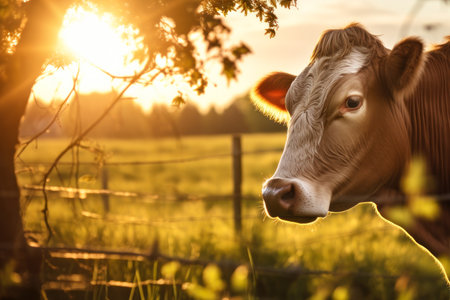 cow on a green summer meadow at morning dawn generative ai.の素材