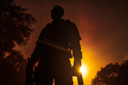 silhouette of a soldier against the background of the sun generative ai.の素材