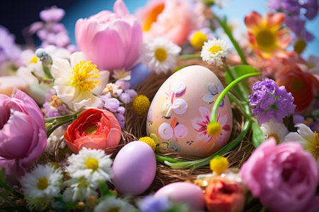 Easter colored eggs with spring flowers generative ai.の素材