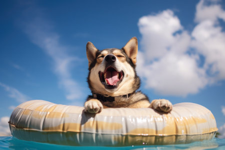 husky dog on an inflatable ring generative ai.の素材