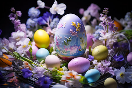 Easter violet colored eggs with spring flowers generative ai.の素材