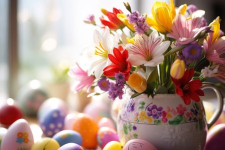 Easter colored eggs with spring flowers generative ai.の素材