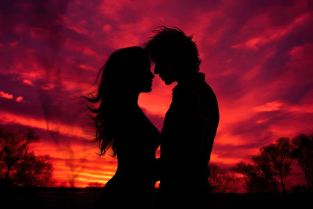 silhouettes of a couple in love against a background of crimson sky generative ai.の素材