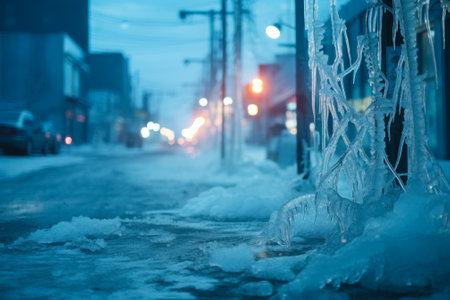 streams of water frozen into ice in the street generative ai.の素材