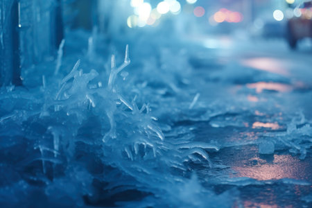 streams of water frozen into ice in the street generative ai.の素材