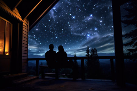 silhouette a couple in love admires the stars on the porch of the house generative ai.の素材