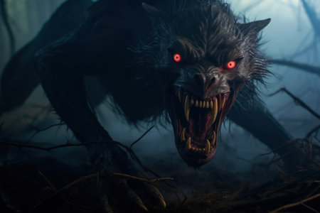 ferocious wolf with burning eyes generative ai.の素材