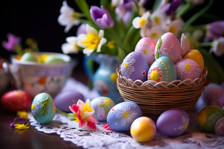 Easter violet colored eggs with spring flowers generative ai.の素材