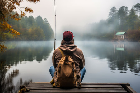 fisherman with a fishing rod on a wooden masonry catches fish generative ai.の素材