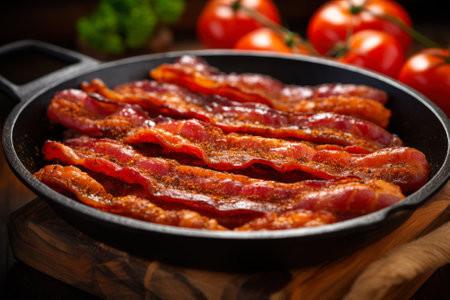 A skillet full of sizzling bacon strips over an open flame, capturing the essence of a hearty breakfast being prepared generative ai.の素材