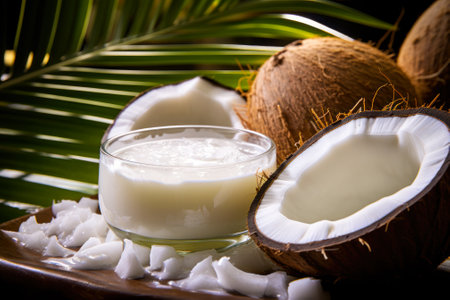 Fresh coconut milk in a clear glass surrounded by split coconuts on a wooden surface, with lush palm leaves in the background generative ai.の素材