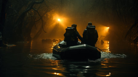 A secretive group engages in a night operation, navigating a raft through a fog-enshrouded forest with dimly lit surroundings generative ai.の素材