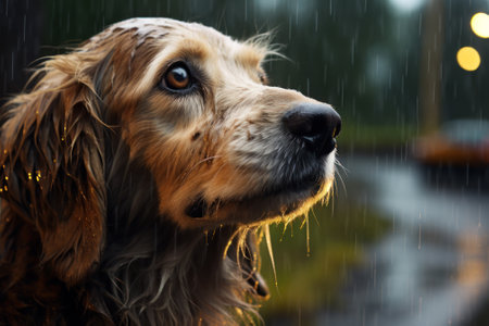 A wet spaniel dog with a soulful gaze stands in the rain, droplets highlighting its glossy coat and expressive eyes generative ai.の素材