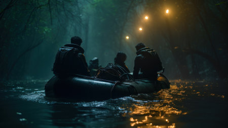 A secretive group engages in a night operation, navigating a raft through a fog-enshrouded forest with dimly lit surroundings generative ai.の素材