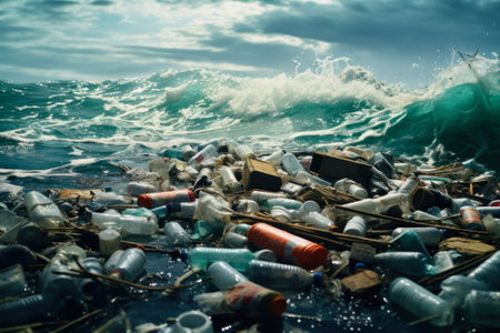 A troubling view of the ocean surface littered with plastic bottles, highlighting the urgent issue of marine pollution generative ai.の素材