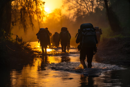 A group of backpackers are wading through water at sunrise, embarking on an adventurous trek in the wilderness generative ai.の素材