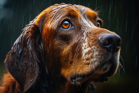 A wet spaniel dog with a soulful gaze stands in the rain, droplets highlighting its glossy coat and expressive eyes generative ai.の素材
