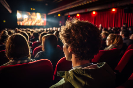 A back view of a person's head watching a movie, sharing the perspective of an audience member immersed in the cinema experience generative ai.の素材