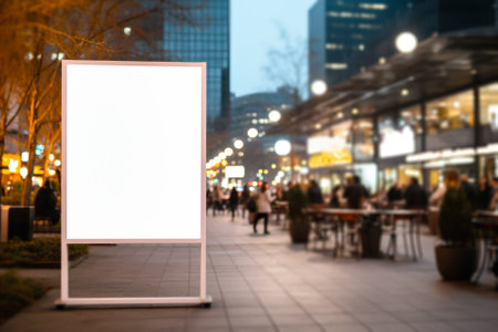 A bill blankboard ready for advertising stands at a busy urban intersection at night, illuminated by the city's dynamic lights generative ai.の素材