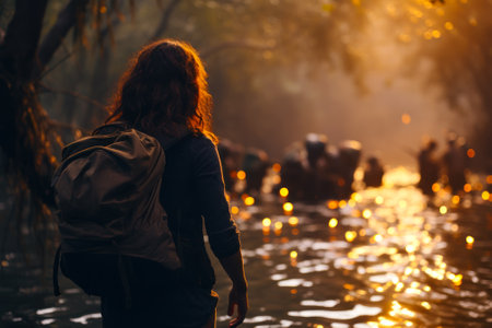 A group of backpackers are wading through water at sunrise, embarking on an adventurous trek in the wilderness generative ai.の素材