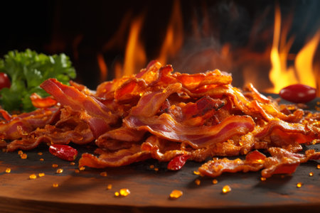 Freshly cooked bacon strips on a skillet, garnished with parsley, ready to serve generative ai.の素材