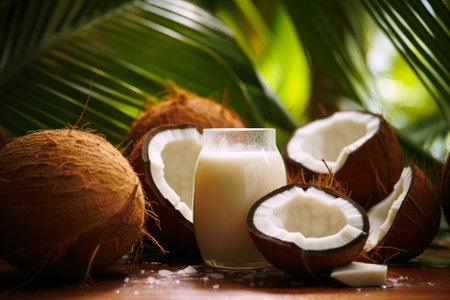 A refreshing coconut cocktail accompanied by exotic flowers, presenting a tropical paradise in a glass generative ai.の素材