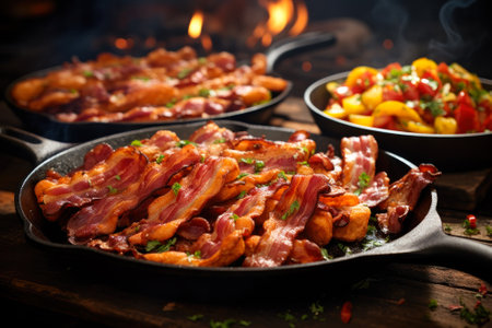 Freshly cooked bacon strips on a skillet, garnished with parsley, ready to serve generative ai.の素材