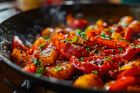 Close-up of spicy chicken stir-fry with fresh vegetables sizzling in a traditional wok over an open flame.の素材
