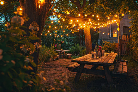Twilight in a serene backyard with warm string lights draped over trees, highlighting a wooden picnic table.の素材