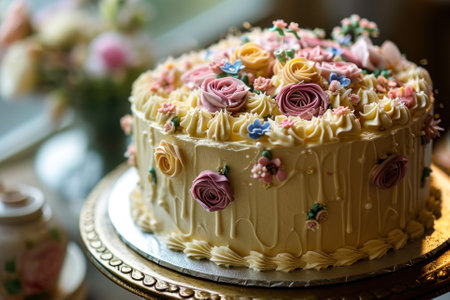 Close-up of an ornate cake adorned with intricate floral icing and delicate details for a celebration.の素材