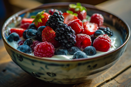 A vibrant berry parfait with fresh cream and a selection of summer berries in a ceramic bowl.の素材