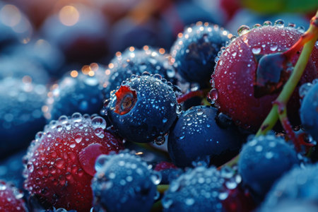 Macro shot of dew drops glistening on ripe blueberries on the branch during sunrise.の素材