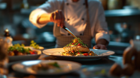A chef in a professional kitchen meticulously garnishing a gourmet fish dish with herbs.の素材