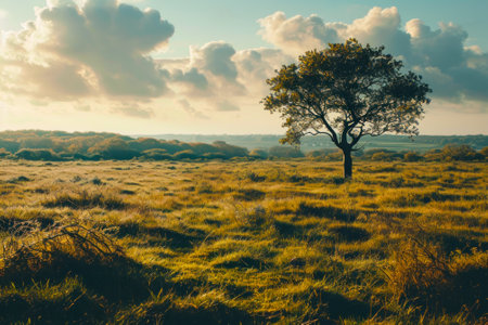 A majestic lone tree stands in a sun-drenched meadow, creating a picturesque and serene landscape.の素材