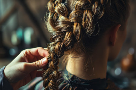 A detailed close-up of a woman's hair being intricately braided, showing casing skill and style.の素材