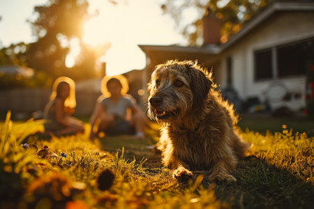 A loyal dog enjoys the last rays of the sun in a cozy backyard setting, exuding a sense of peace and companionship.の素材