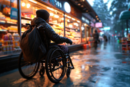 A wheelchair user is engaged in shopping at an evening food market, the vibrant stall lights reflecting on the wet pavement.の素材