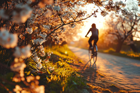 A cyclist enjoys a tranquil ride on a country road framed by blossoming trees in the warm, golden light of a spring sunset.の素材
