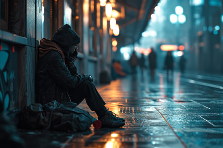 A lone individual sits huddled on a bench at a train station, the scene cast in a moody, cinematic light of a rainy evening.の素材