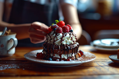 A scrumptious stack of chocolate pancakes is garnished with whipped cream, berries, and a chocolate drizzle, ready for a delightful treat.の素材