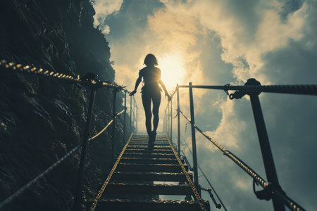 A person's silhouette ascends an outdoor stairway towards the sunlight, creating a sense of adventure and discovery.の素材