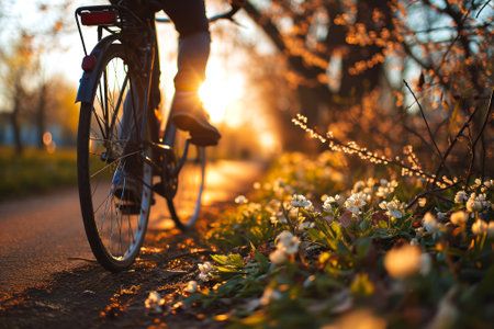 A cyclist pedals along a charming path lined with spring blooms, bathed in the golden light of a sunset, symbolizing active lifestyle and nature's beauty.の素材