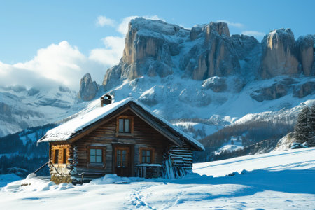 Cozy log cabin covered in snow in a mountainous winter landscape with tall snow-covered pines.の素材