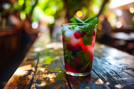 Chilled raspberry mojito cocktail garnished with mint on a rustic wooden table in a summery outdoor setting.の素材