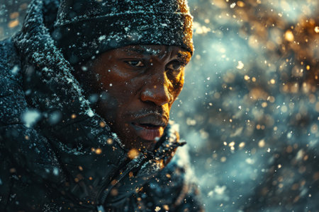 Close-up of a thoughtful man dressed in winter gear with snowflakes falling around him in a snowy landscape.の素材