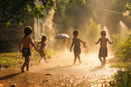 Children enjoying a summer day by playing in the sprinkler water on a sunlit street, creating a scene full of joy and movement.の素材