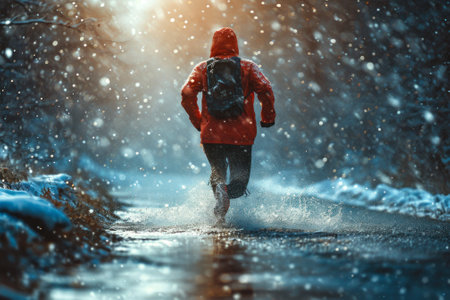 Dynamic shot of a person in a red jacket running on a snowy trail with snowflakes swirling around in the air.の素材