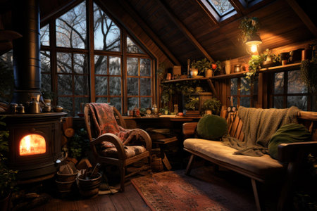 The warm glow of a fireplace lights up a cozy winter cabin interior with rustic furnishings.の素材