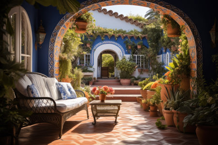 A peaceful Mediterranean-style terrace with lush plants and a panoramic view of the sea.の素材