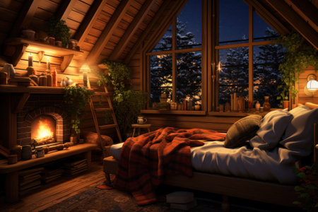 A snug living room radiates warmth with a roaring fireplace and comfortable couch, surrounded by plants.の素材